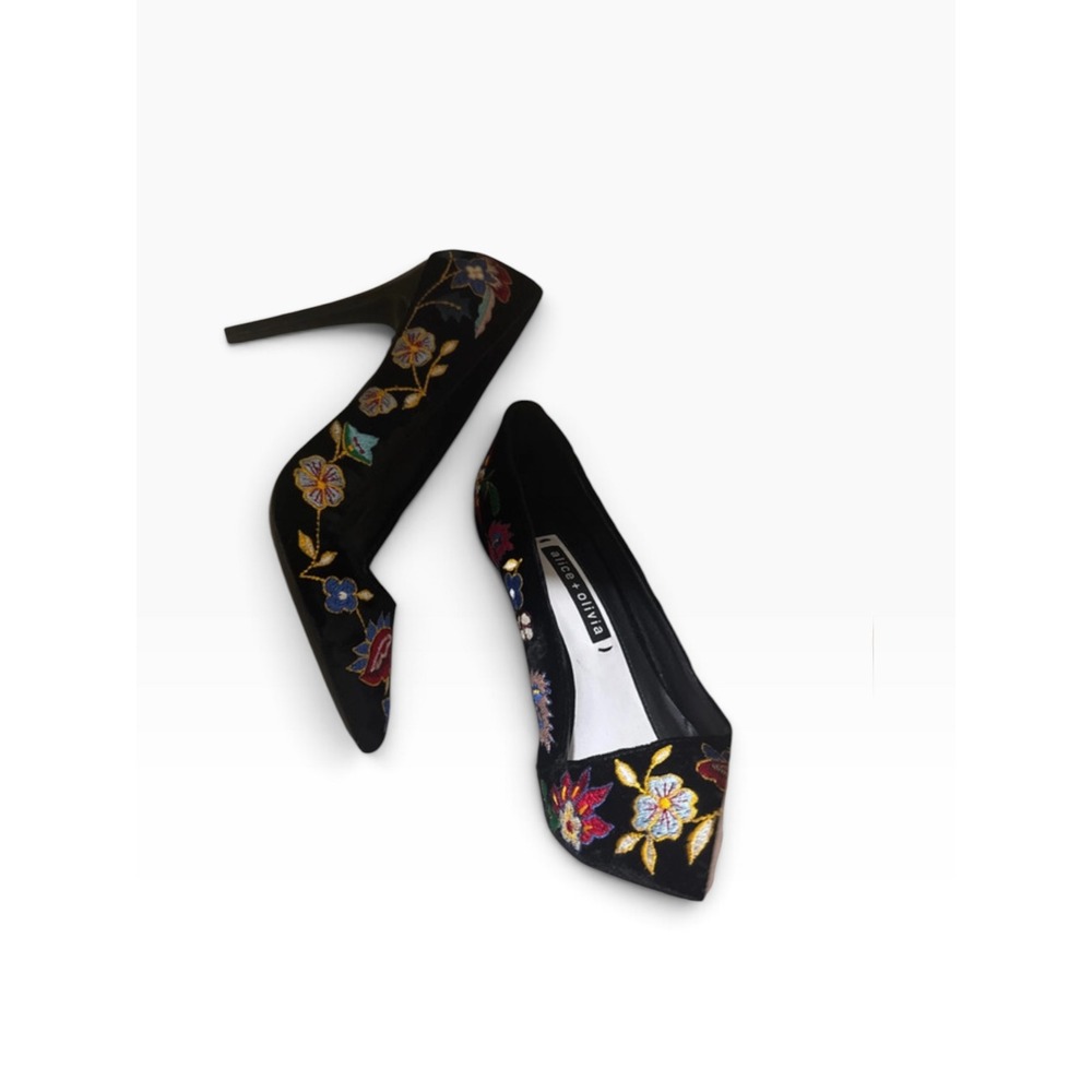 Alice + Olivia Dina Floral Embroidered Pumps Black Suede Stiletto Heels 39.5